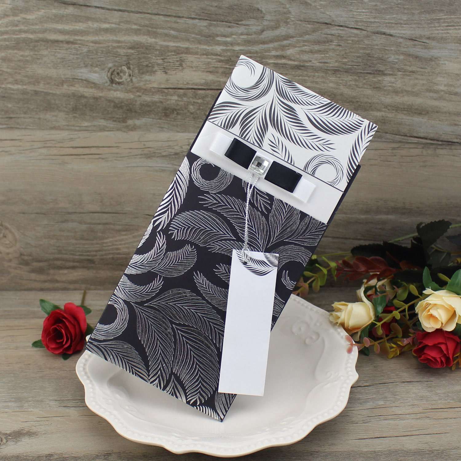 Pocket Invitation Card Rectangle Half Fold Greeting Card with Ribbon Bow Invitation Customized